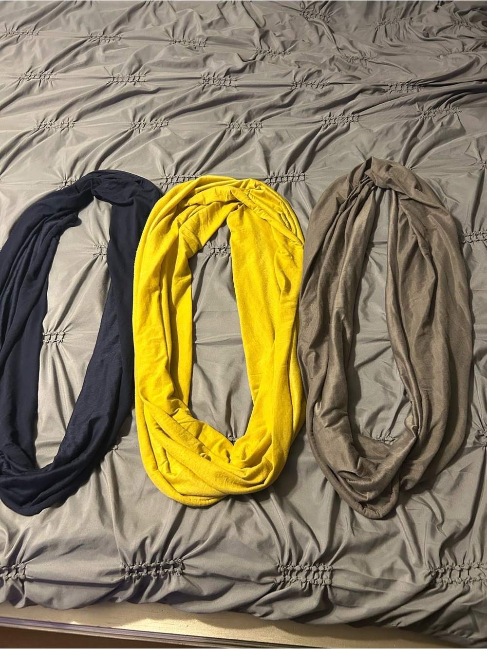 Set of 3 Infinity Scarves in Navy Blue, Mustard Yellow, and Taupe